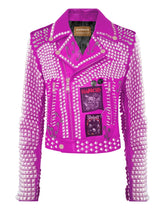 Men’s Punk Rock Leather Jacket – Slipknot Patch, Silver Pyramid Studs, Violet Steampunk Moto Fit